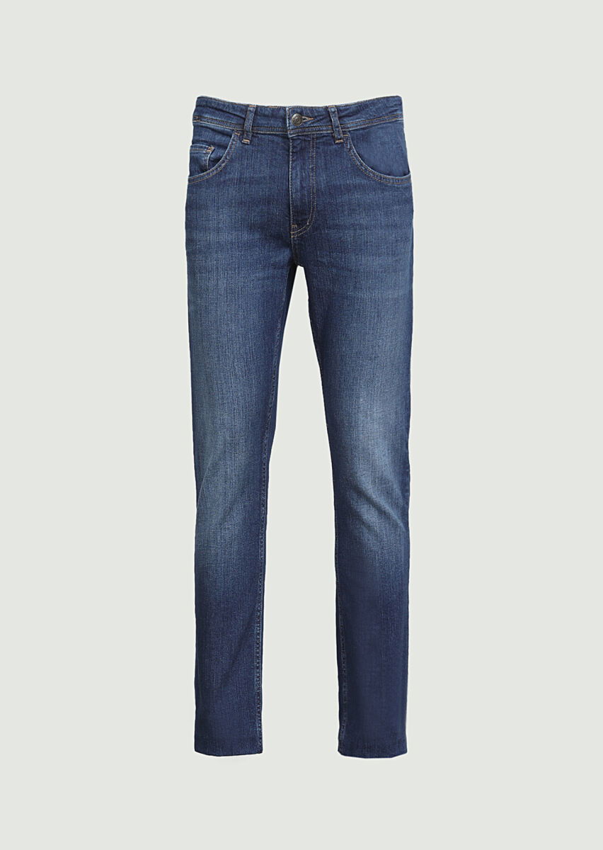 Lacivert Düz Slim Fit Denim Pamuk Karışımlı Pantolon - 6