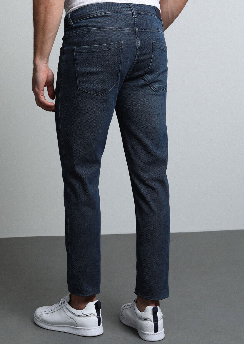 Lacivert Düz Slim Fit Denim Pamuk Karışımlı Pantolon - 5