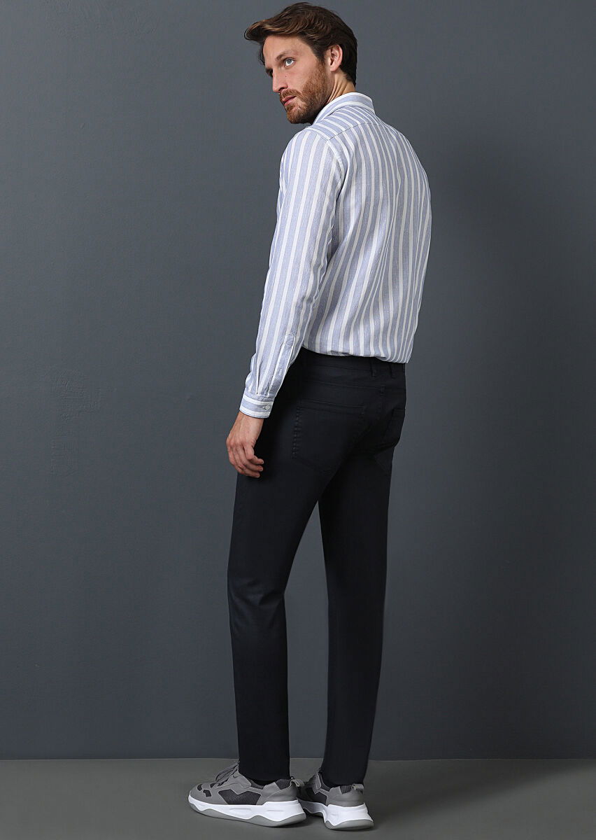 Lacivert Düz Slim Fit Denim Pamuk Karışımlı Pantolon - 5