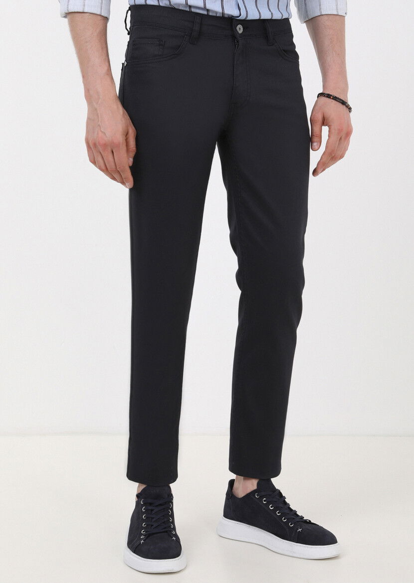 Lacivert Düz Slim Fit Denim Pamuk Karışımlı Pantolon 
