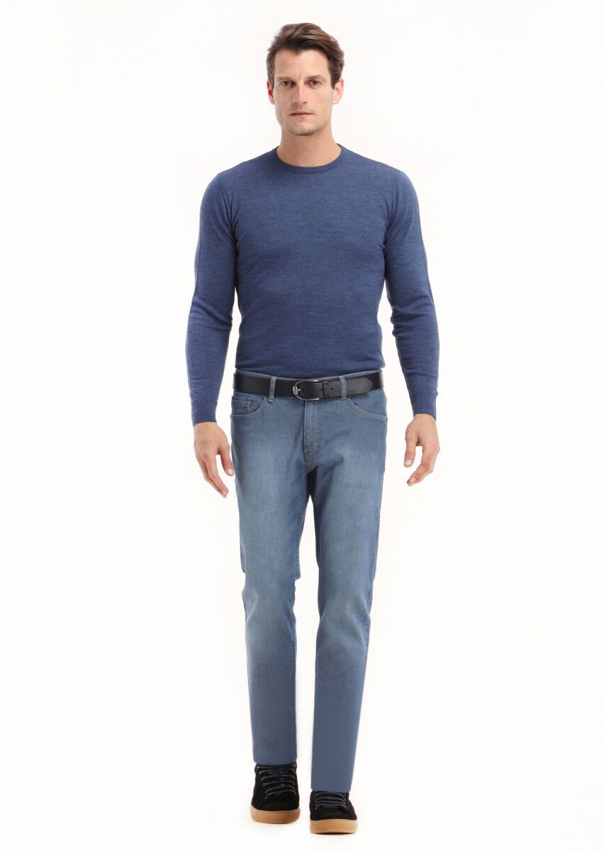 Lacivert Düz Slim Fit Denim Pamuk Karışımlı Pantolon - 1