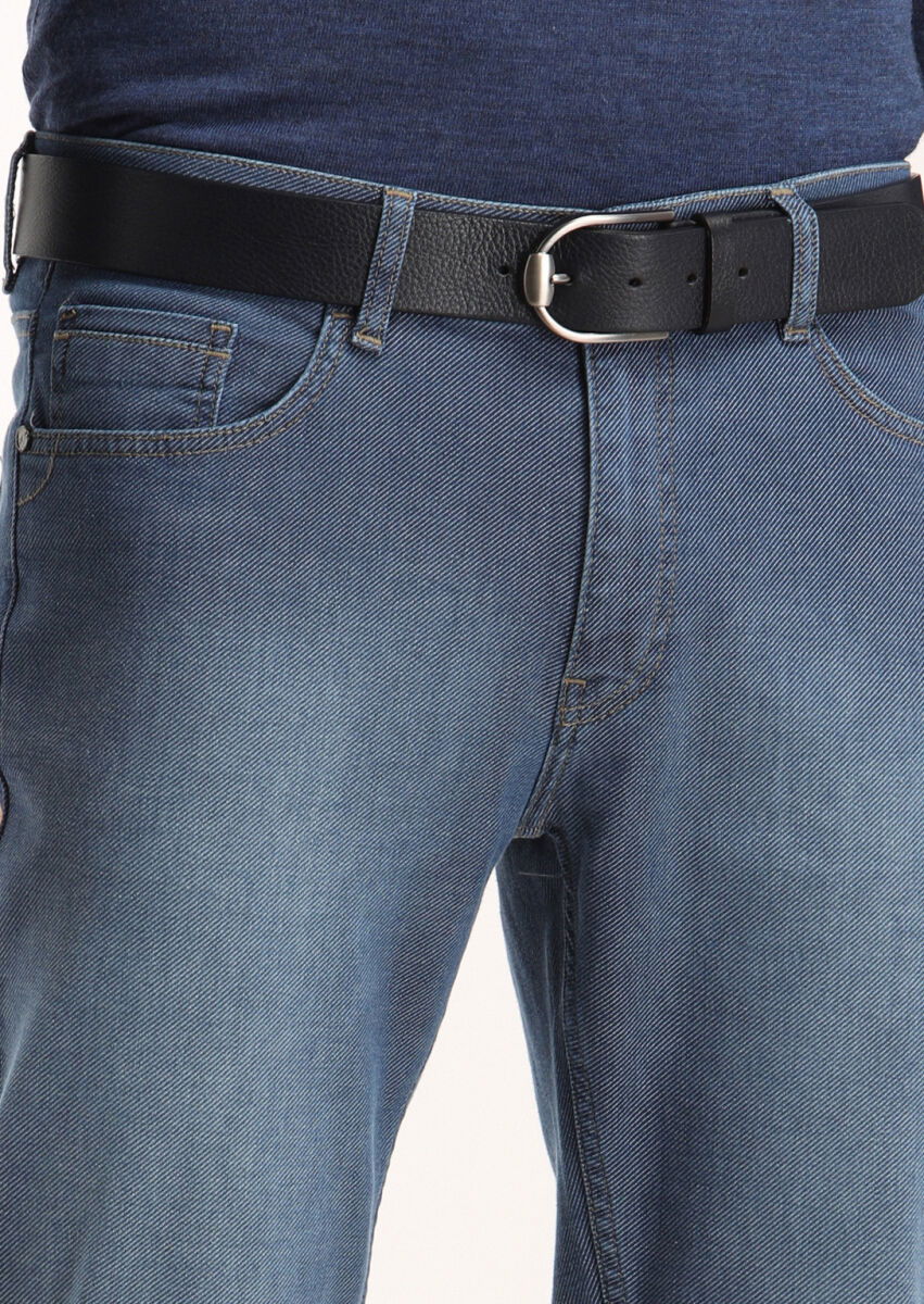 Lacivert Düz Slim Fit Denim Pamuk Karışımlı Pantolon - 3