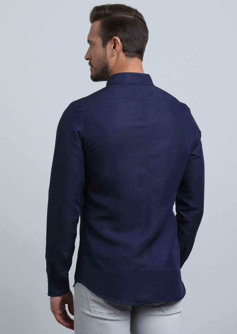 Lacivert Düz Slim Fit Dokuma Casual Keten Karışımlı Gömlek - 5
