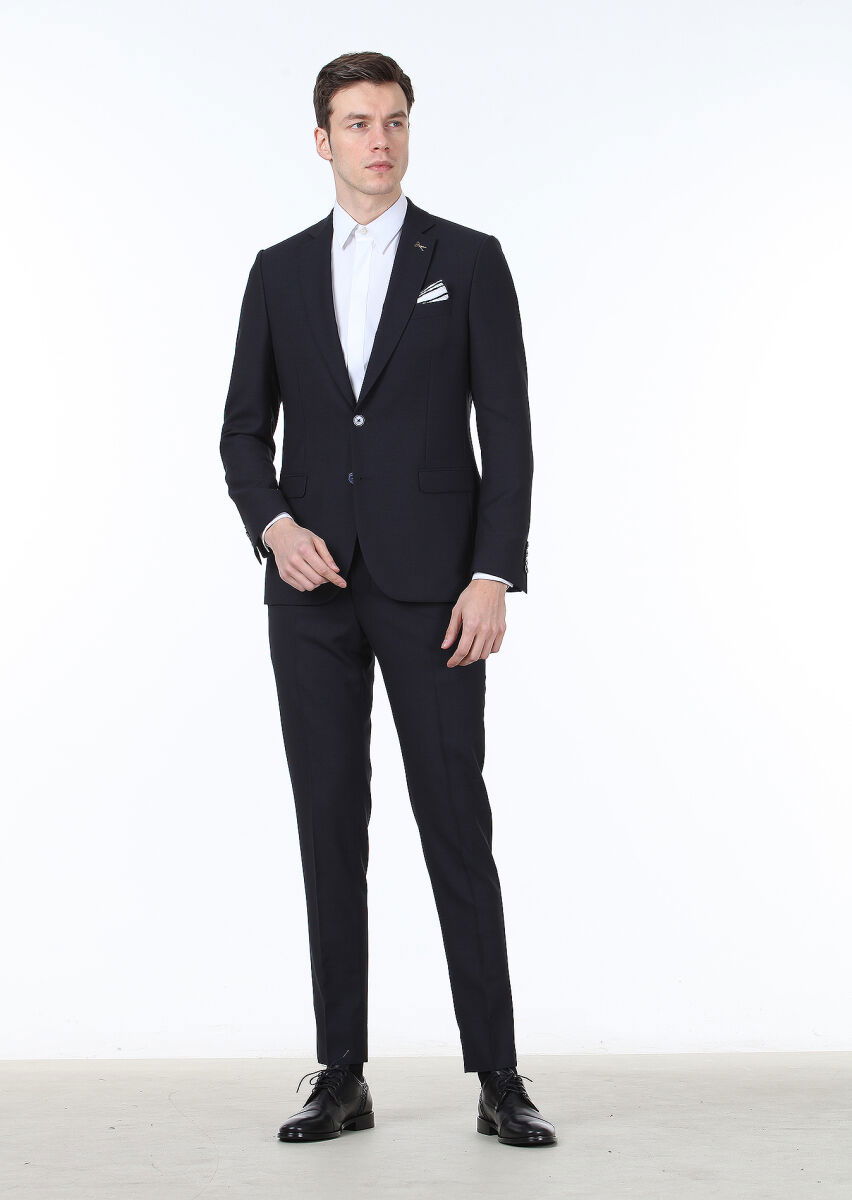 Lacivert Düz Thin&taller Slim Fit %100 Yün Takım Elbise - 1