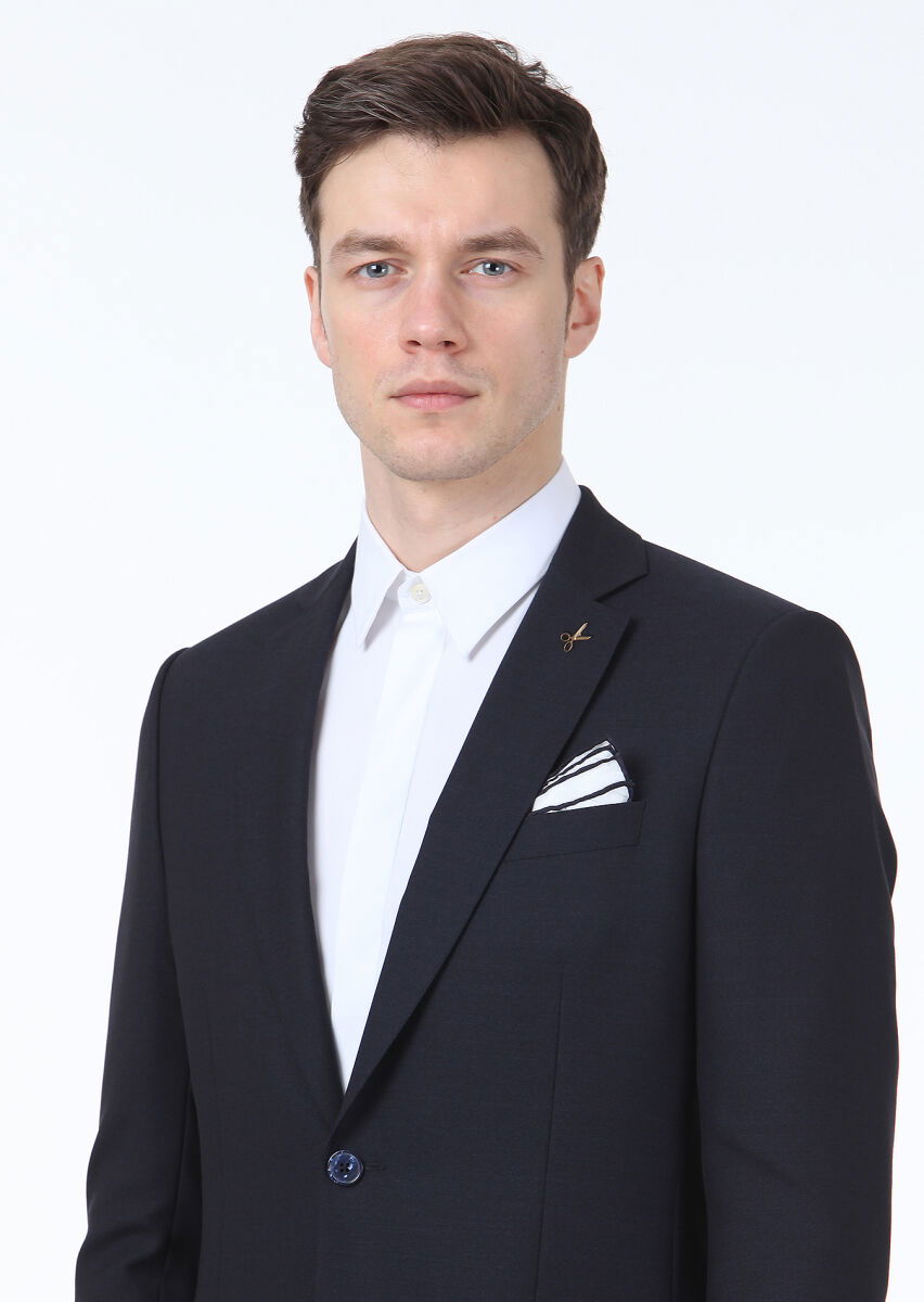 Lacivert Düz Thin&taller Slim Fit %100 Yün Takım Elbise - 2
