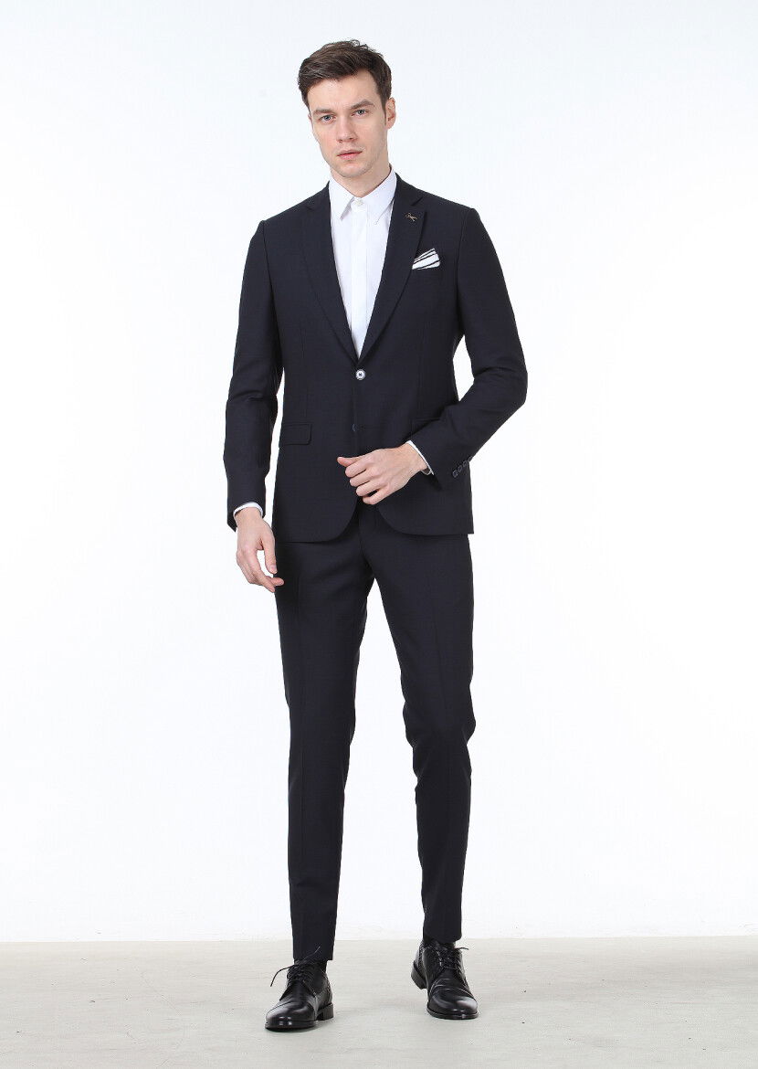 Lacivert Düz Thin&taller Slim Fit %100 Yün Takım Elbise - 3