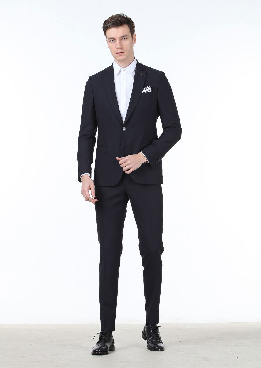 Lacivert Düz Thin&taller Slim Fit %100 Yün Takım Elbise - 3