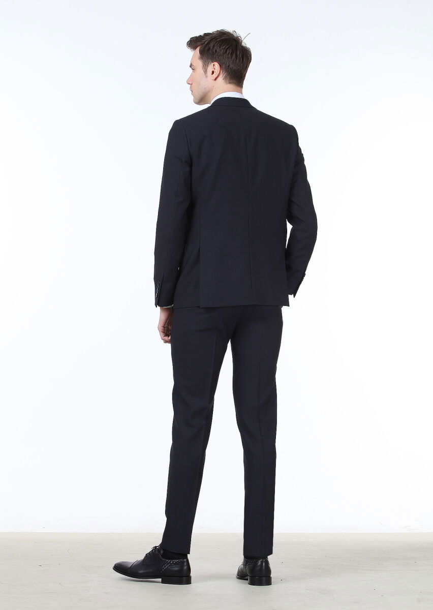 Lacivert Düz Thin&taller Slim Fit %100 Yün Takım Elbise - 4