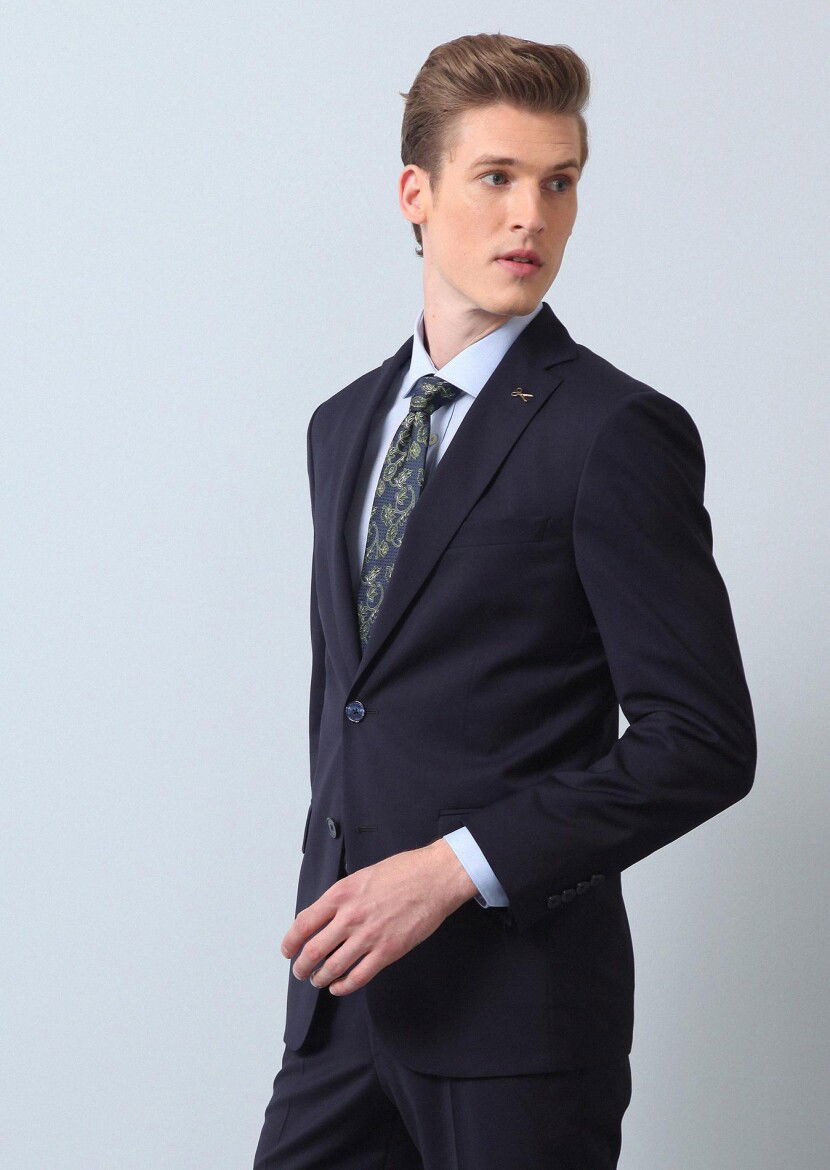 Lacivert Düz Thin&taller Slim Fit %100 Yün Takım Elbise - 1