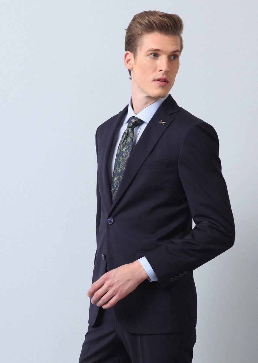 Lacivert Düz Thin&taller Slim Fit %100 Yün Takım Elbise - 1