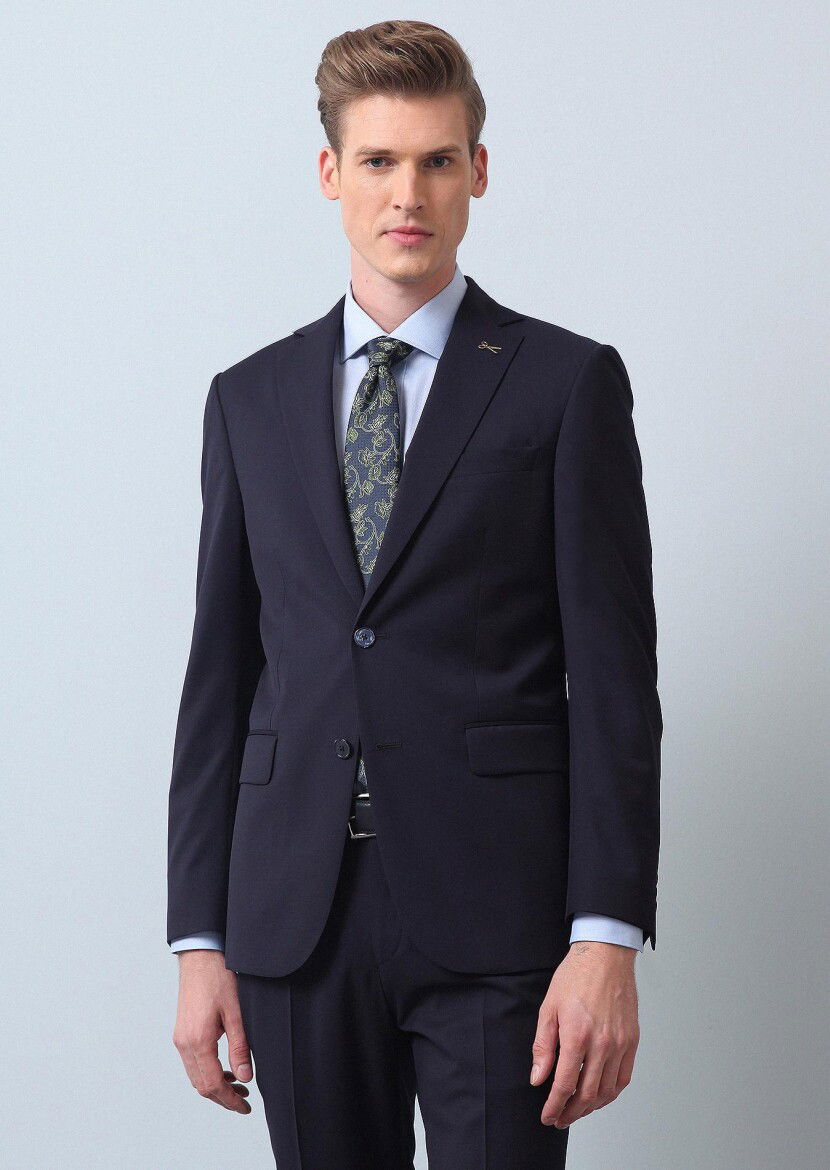 Lacivert Düz Thin&taller Slim Fit %100 Yün Takım Elbise - 2