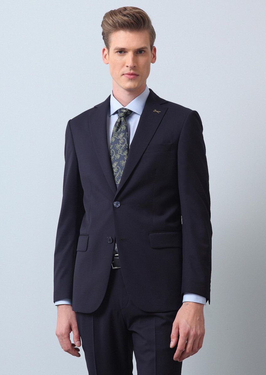 Lacivert Düz Thin&taller Slim Fit %100 Yün Takım Elbise - 2