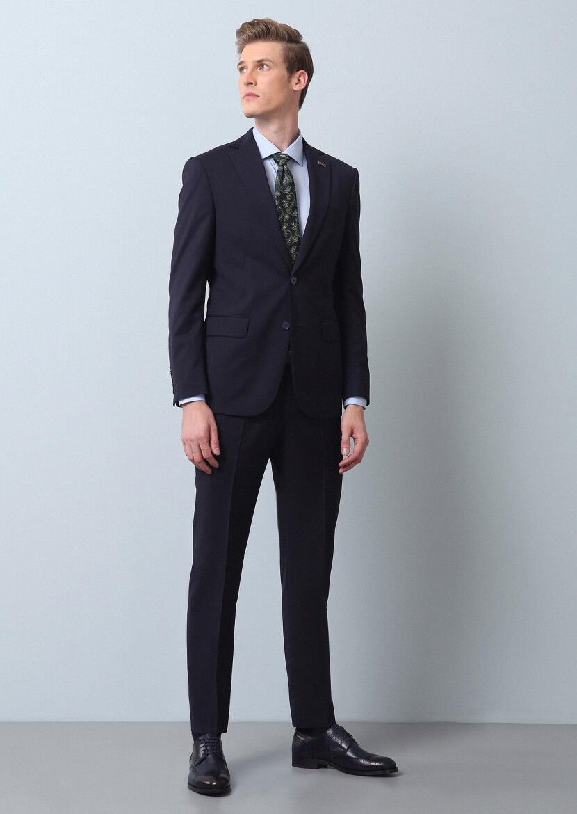 Lacivert Düz Thin&taller Slim Fit %100 Yün Takım Elbise - 4