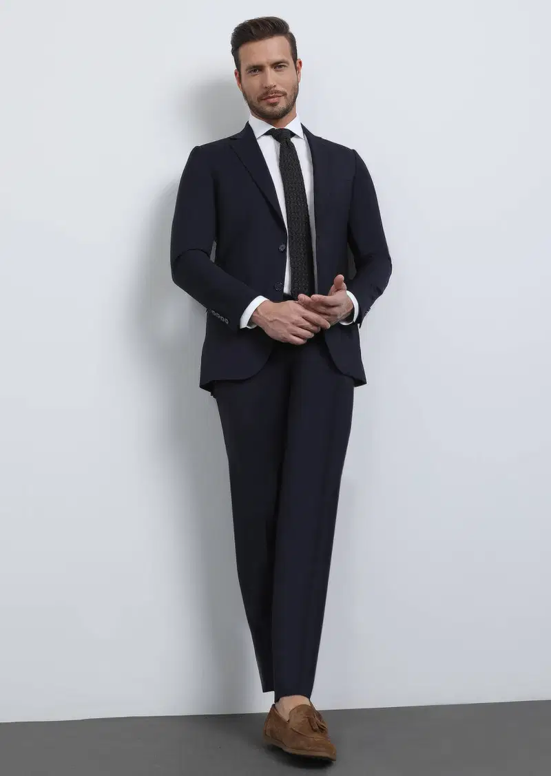 Lacivert Düz Thin&taller Slim Fit %100 Yün Takım Elbise - 1