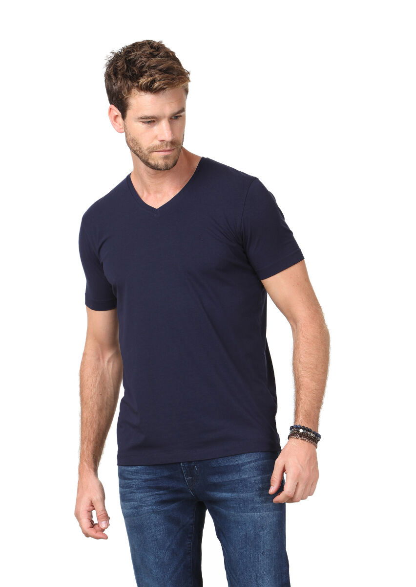 Lacivert Düz V Yaka Pamuk Karışımlı T-Shirt - 1
