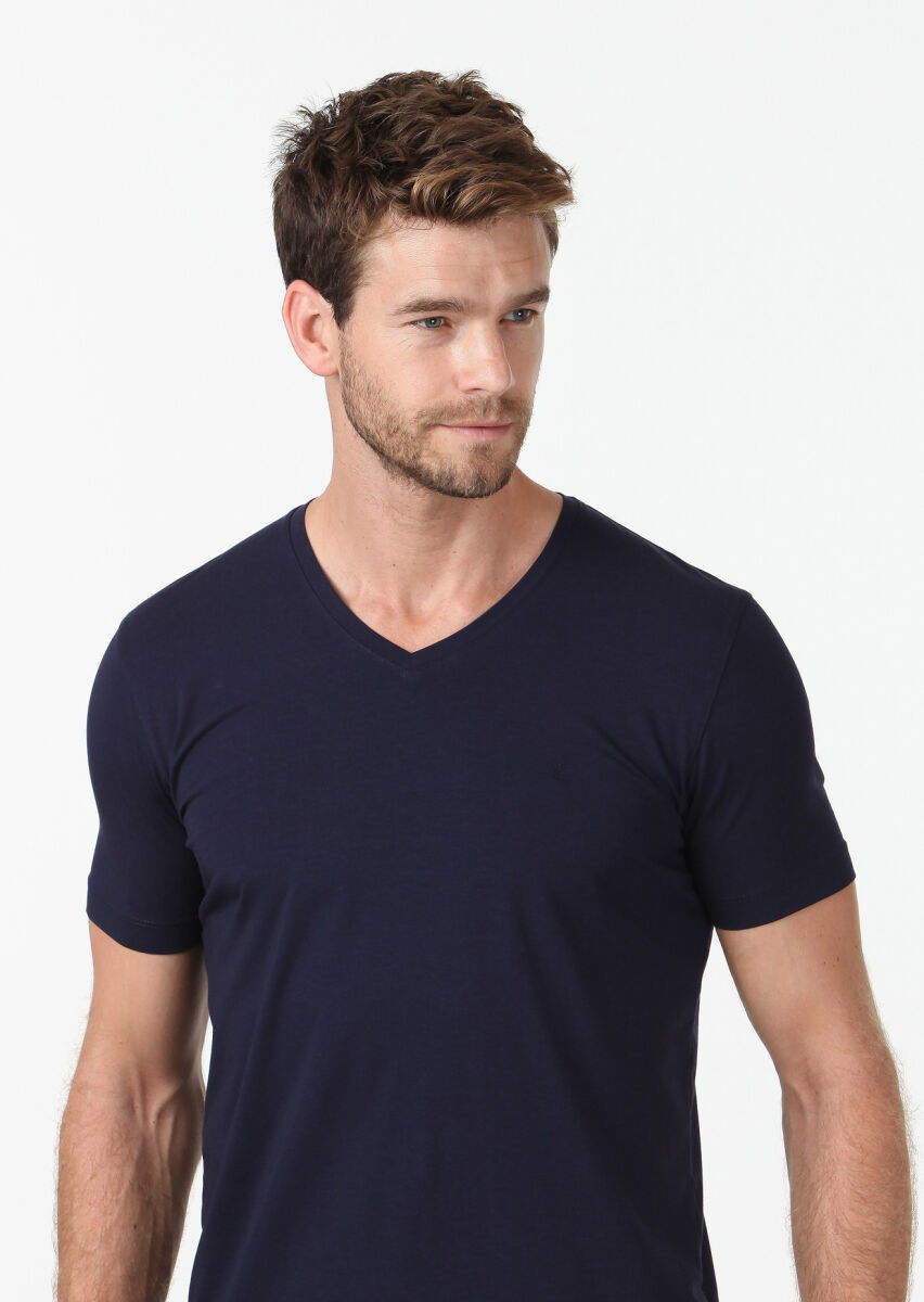 Lacivert Düz V Yaka Pamuk Karışımlı T-Shirt - 3