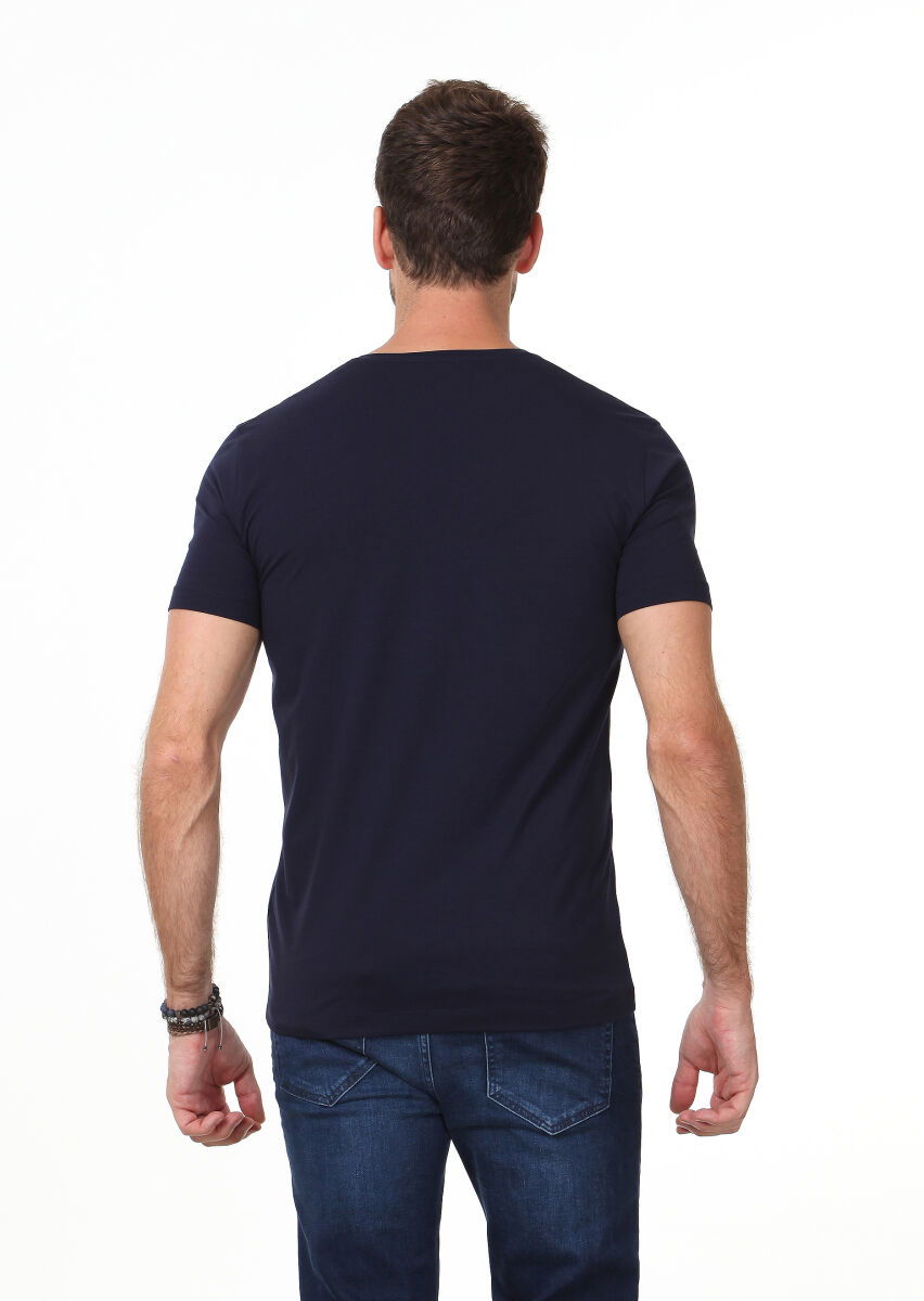 Lacivert Düz V Yaka Pamuk Karışımlı T-Shirt - 4