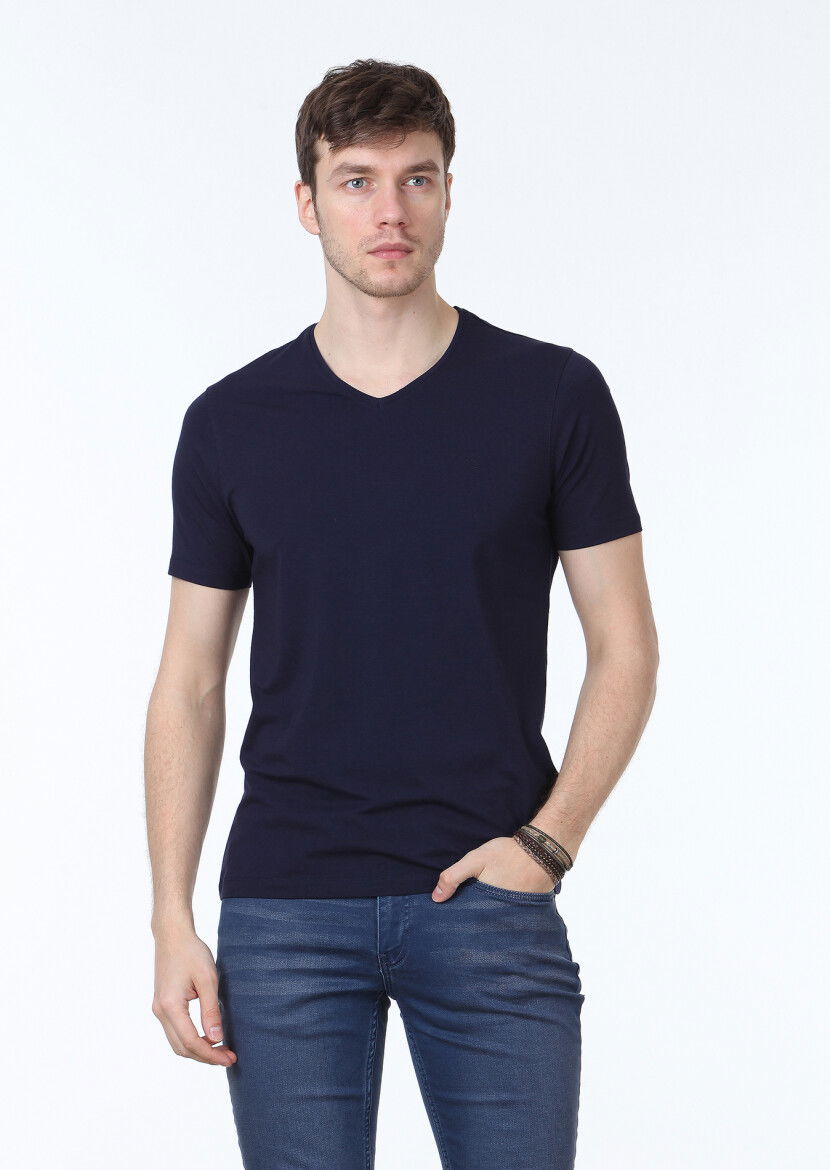 Lacivert Düz V Yaka Pamuk Karışımlı T-Shirt 