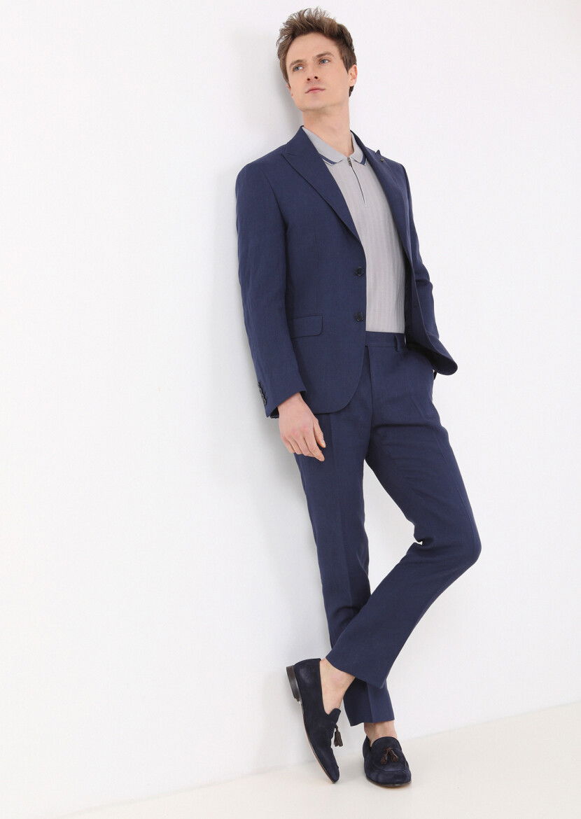 Lacivert Düz Zeroweight Slim Fit %100 Keten Takım Elbise - 1