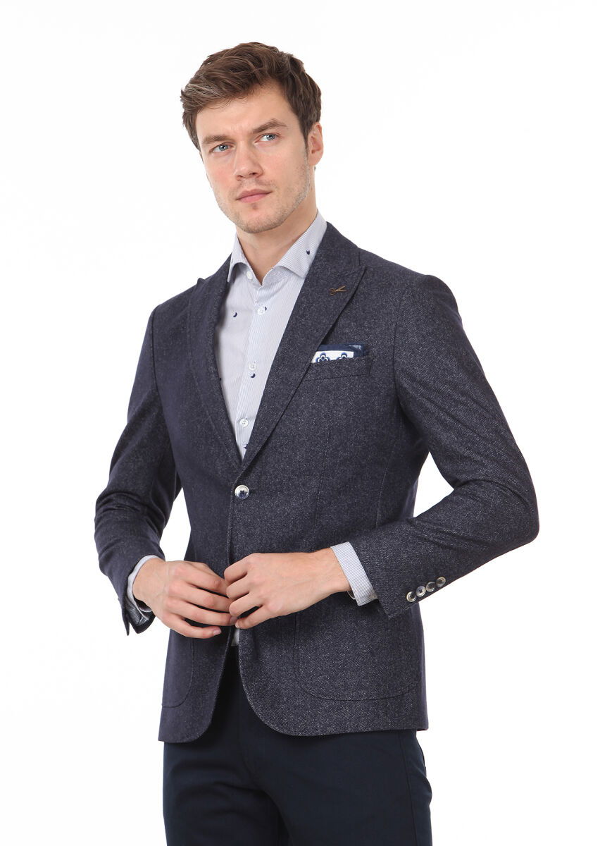 Lacivert Düz Zeroweight Slim Fit Yün Karışımlı Ceket - 1