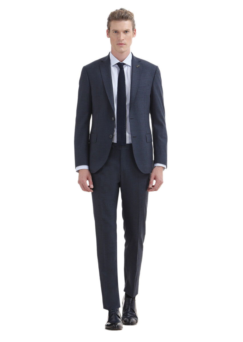 Lacivert Düz Zeroweight Slim Fit Yün Karışımlı Takım Elbise - 1