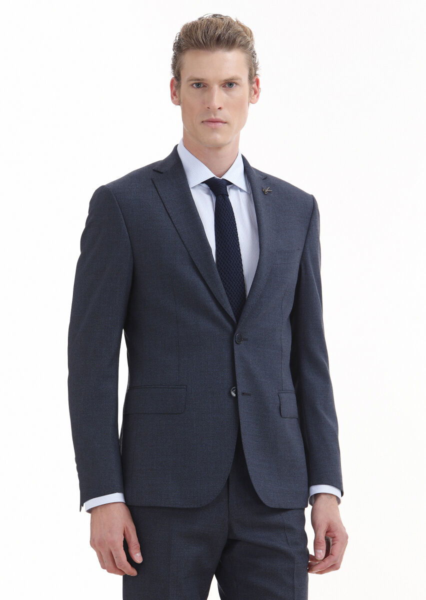 Lacivert Düz Zeroweight Slim Fit Yün Karışımlı Takım Elbise - 2