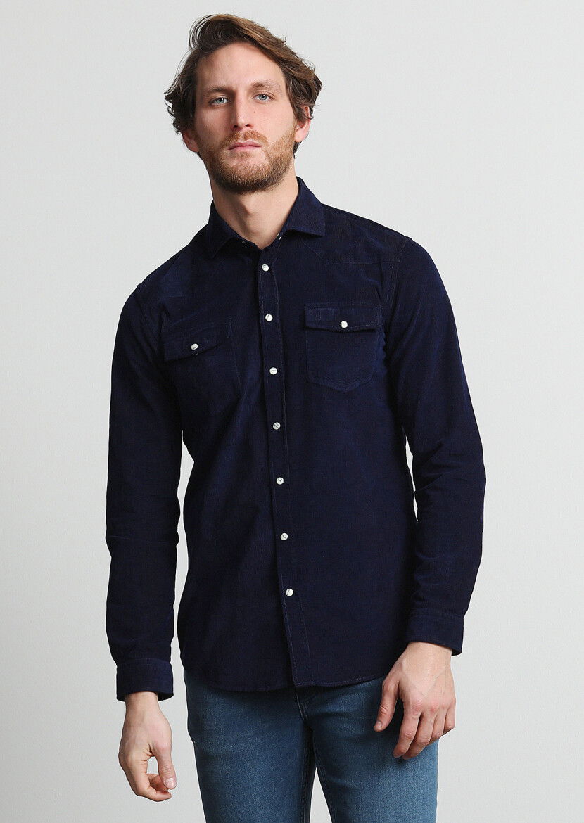 Lacivert Fitilli Slim Fit Dokuma Kadife Casual %100 Pamuk Gömlek - 3