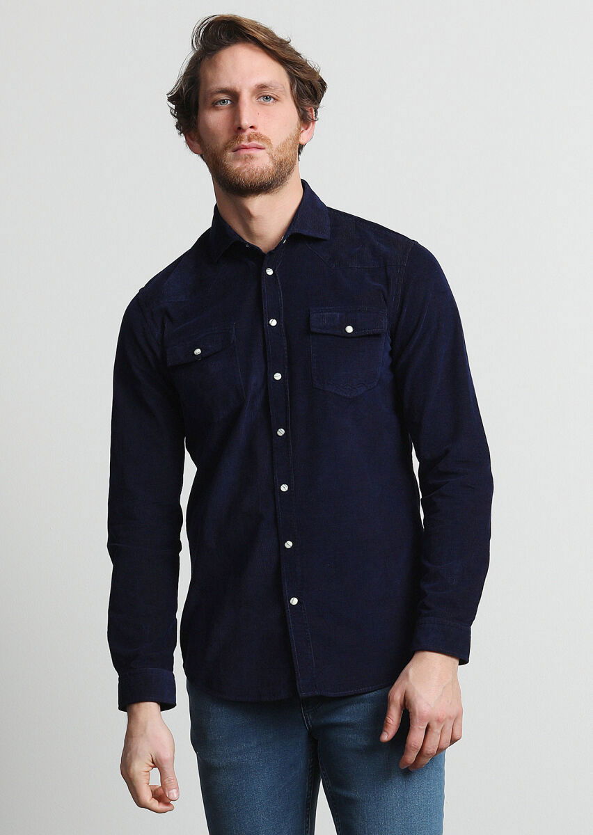 Lacivert Fitilli Slim Fit Dokuma Kadife Casual %100 Pamuk Gömlek - 3