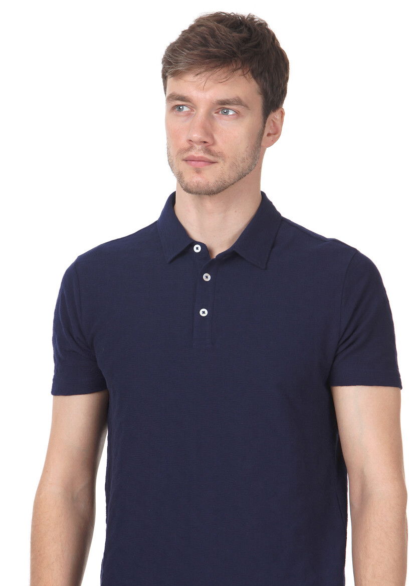 Lacivert Jakarlı Polo Yaka %100 Pamuk T-Shirt 