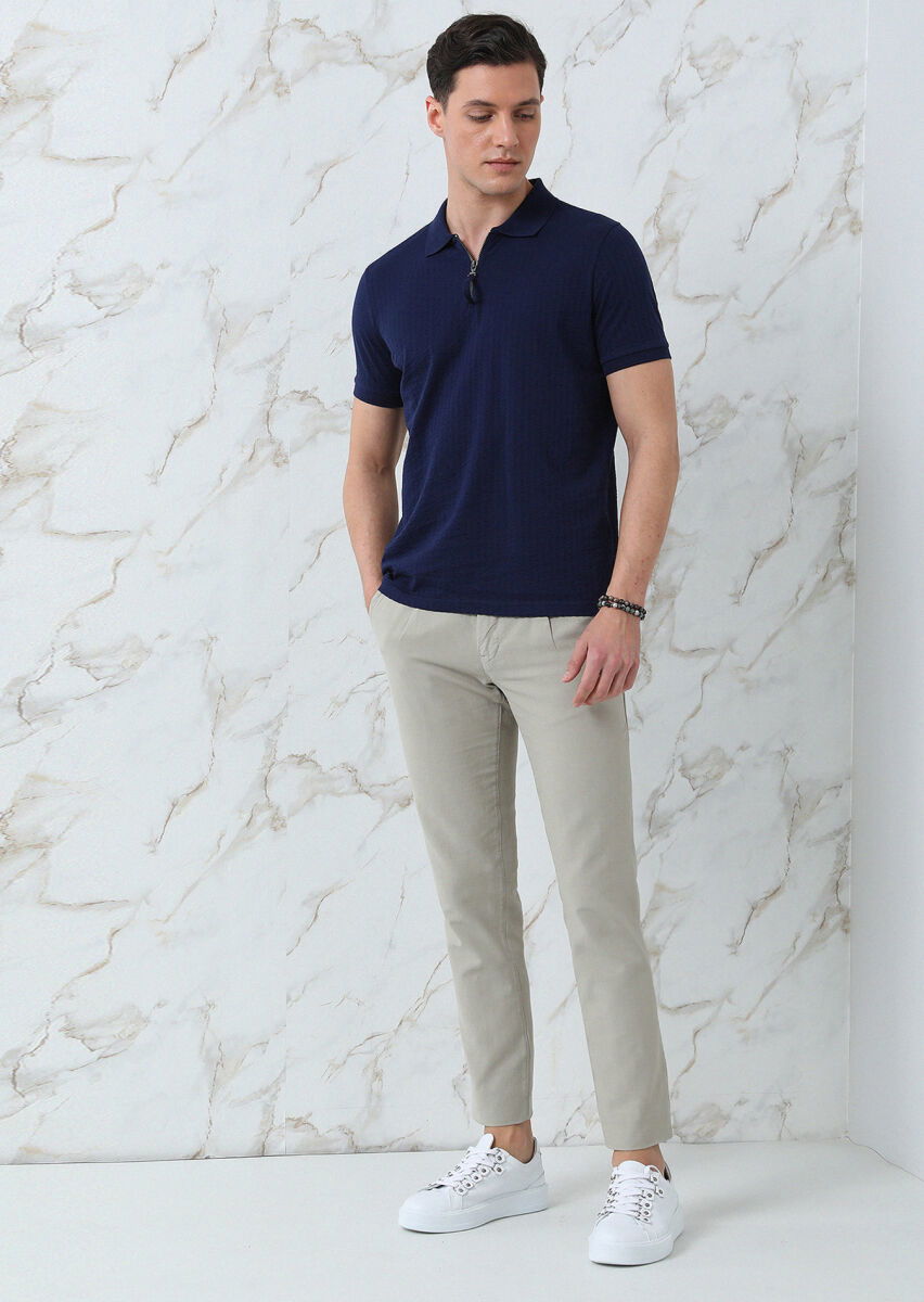 Lacivert Jakarlı Polo Yaka %100 Pamuk T-Shirt - 1