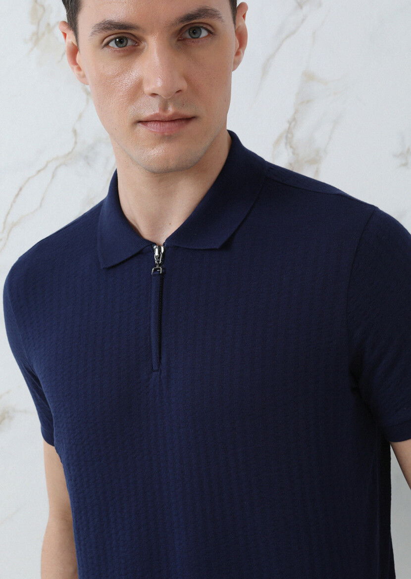 Lacivert Jakarlı Polo Yaka %100 Pamuk T-Shirt - 3