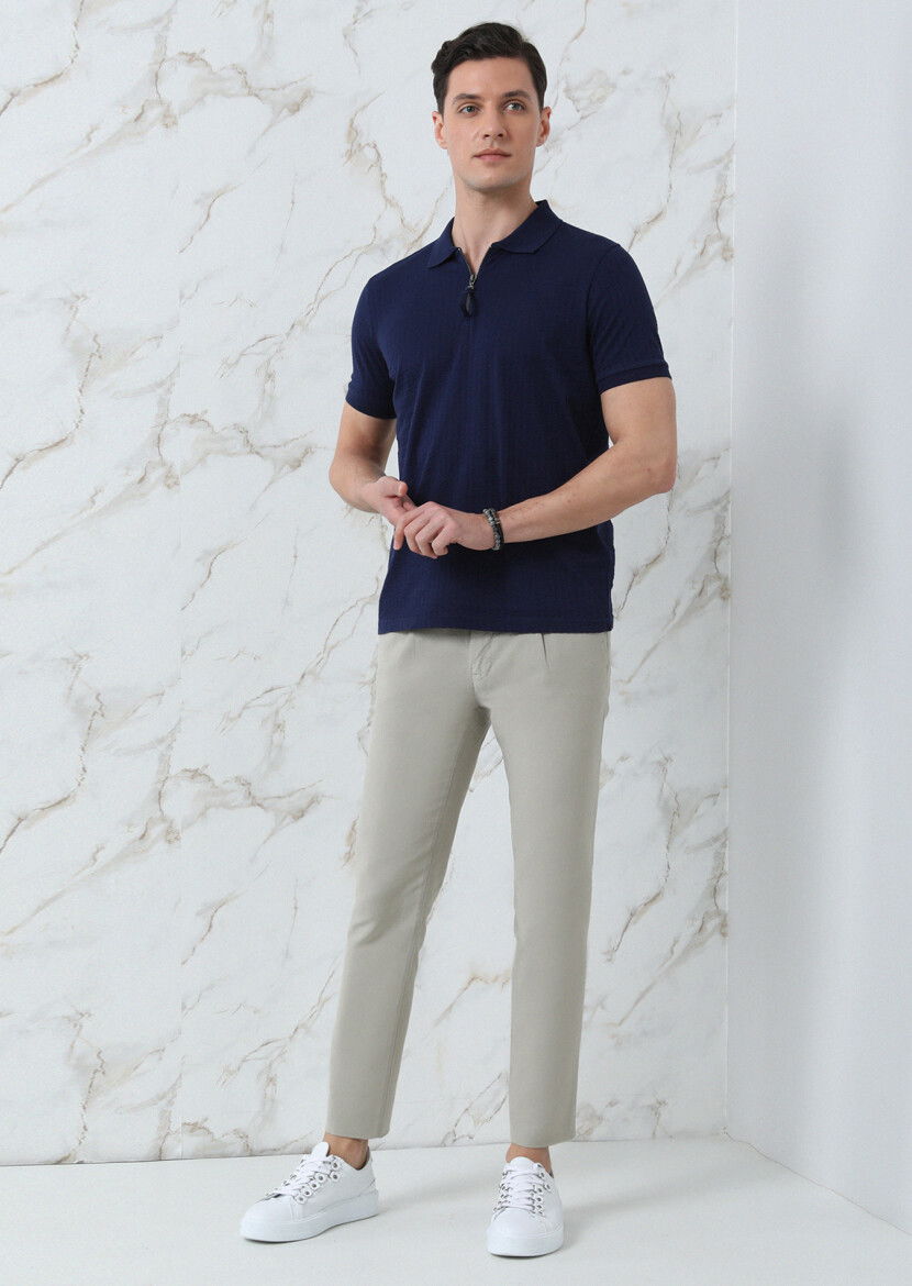 Lacivert Jakarlı Polo Yaka %100 Pamuk T-Shirt - 4