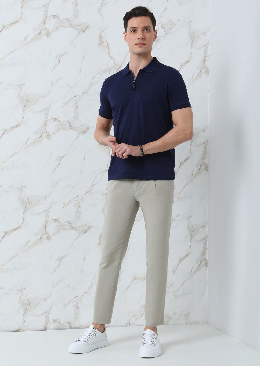 Lacivert Jakarlı Polo Yaka %100 Pamuk T-Shirt - 4