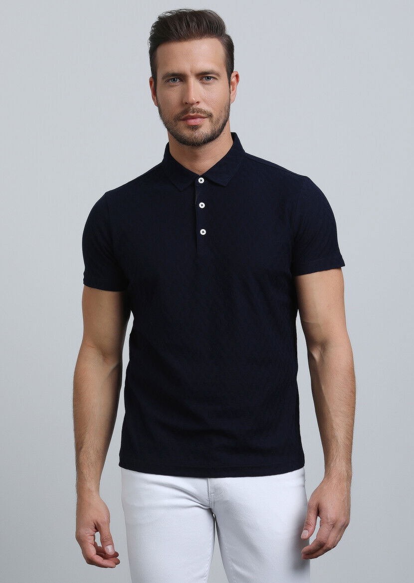 Lacivert Jakarlı Polo Yaka %100 Pamuk T-Shirt - 2