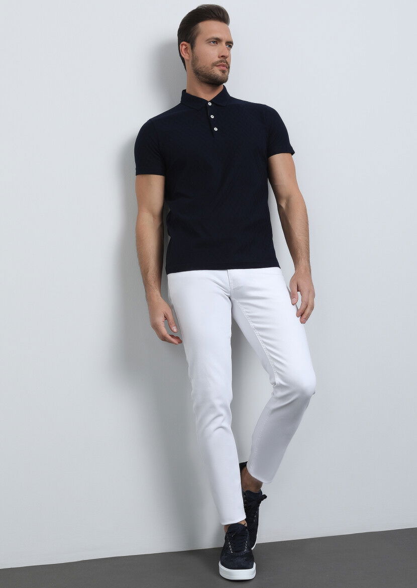 Lacivert Jakarlı Polo Yaka %100 Pamuk T-Shirt - 3
