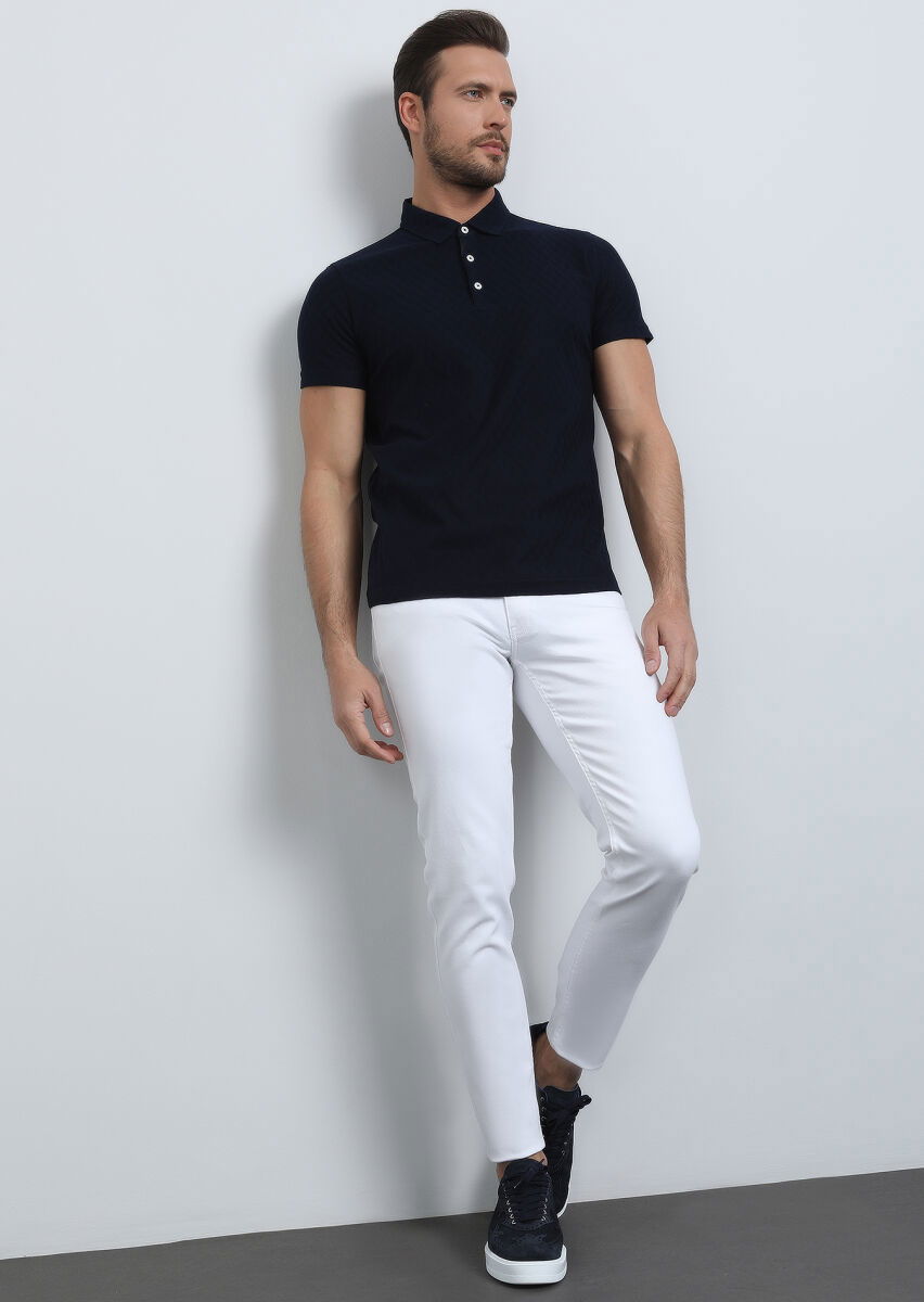 Lacivert Jakarlı Polo Yaka %100 Pamuk T-Shirt - 3