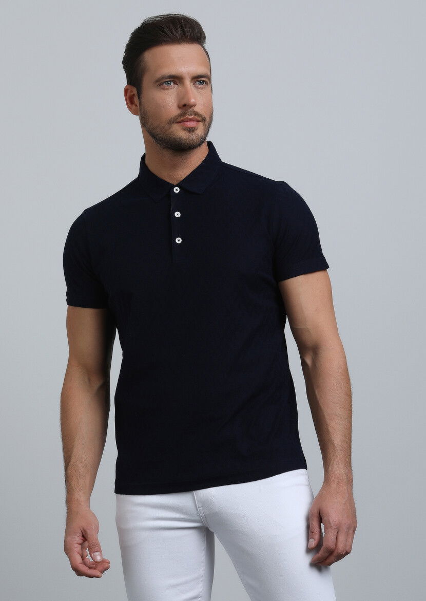 Lacivert Jakarlı Polo Yaka %100 Pamuk T-Shirt - 4