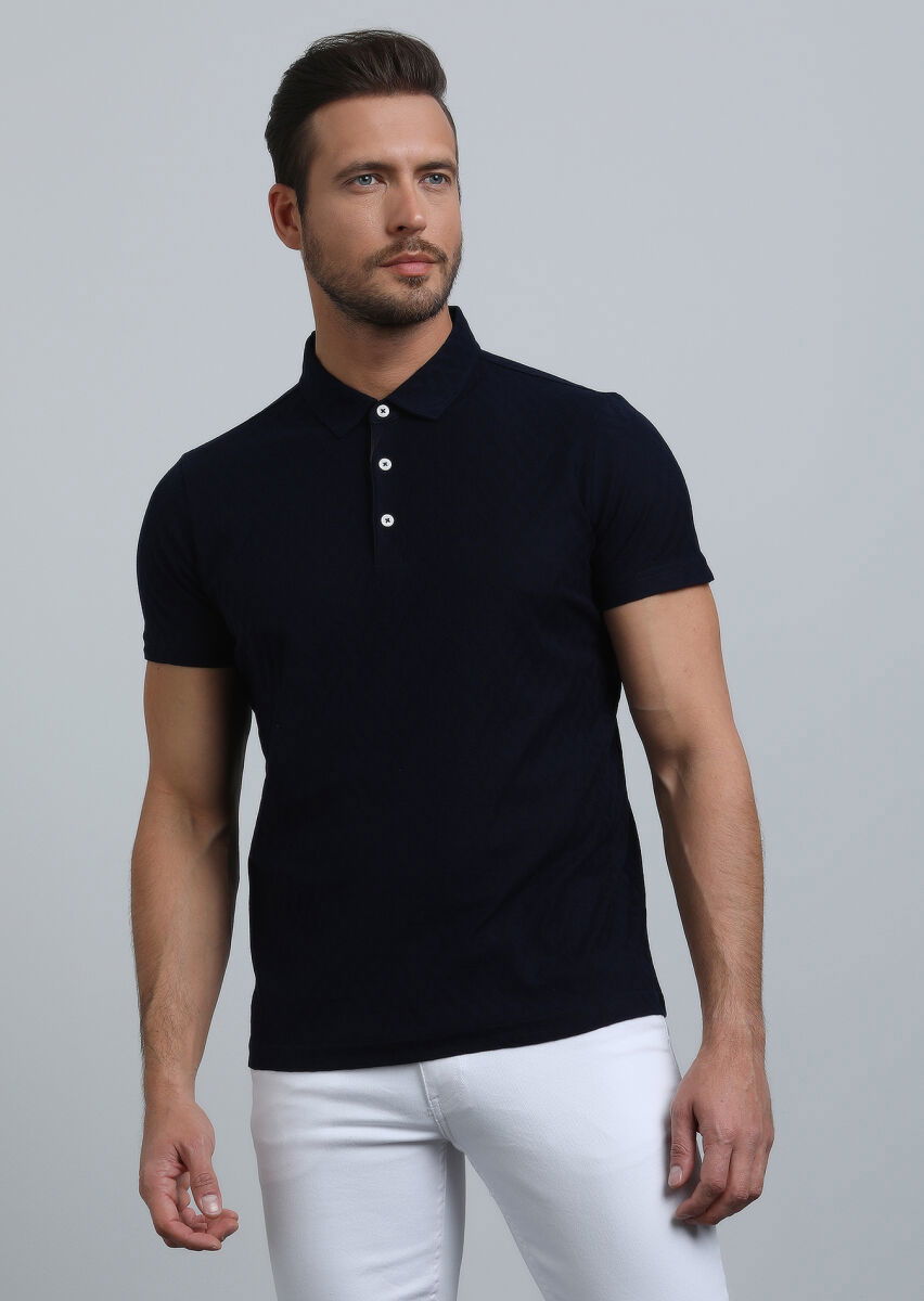 Lacivert Jakarlı Polo Yaka %100 Pamuk T-Shirt - 4