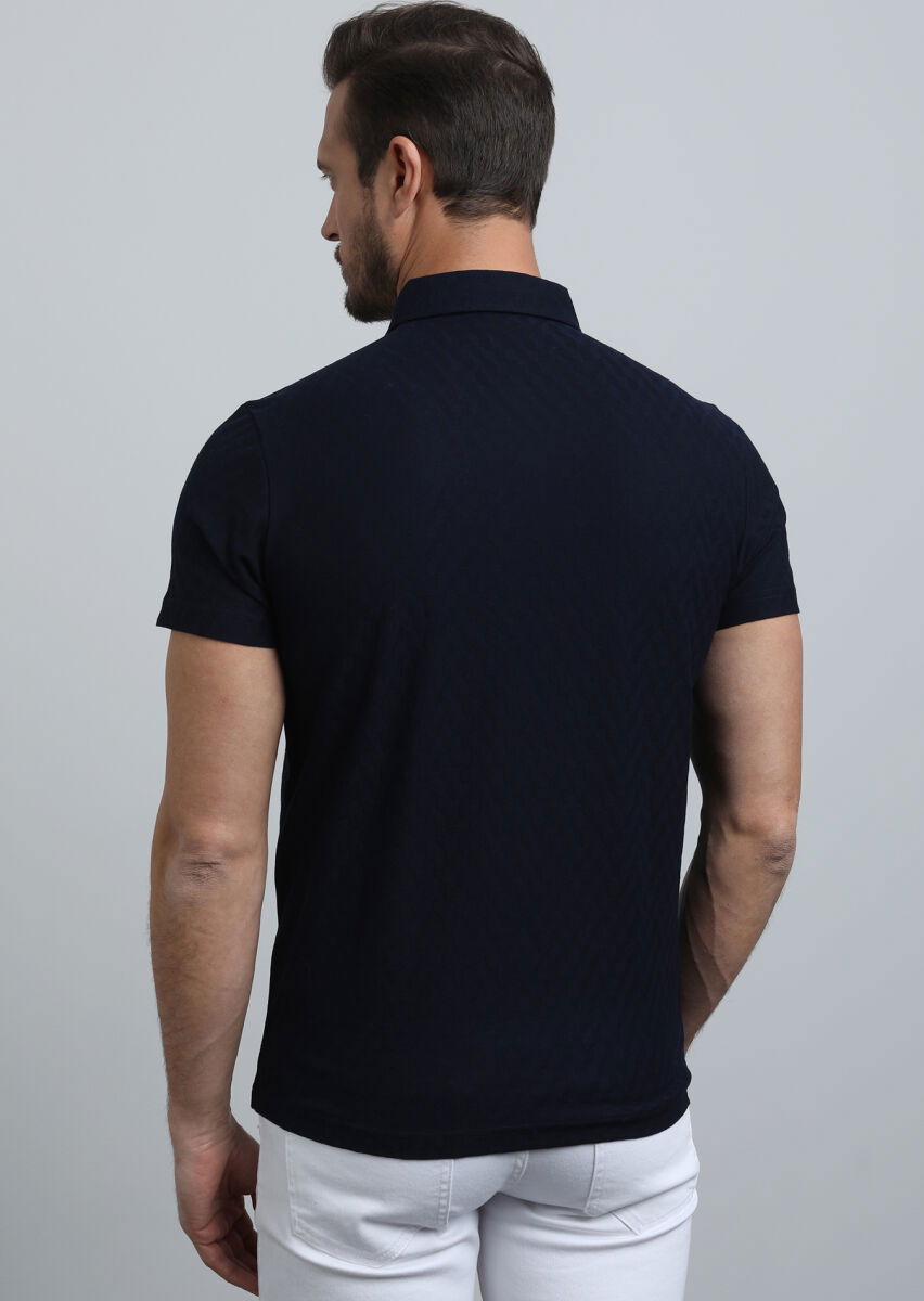 Lacivert Jakarlı Polo Yaka %100 Pamuk T-Shirt - 5