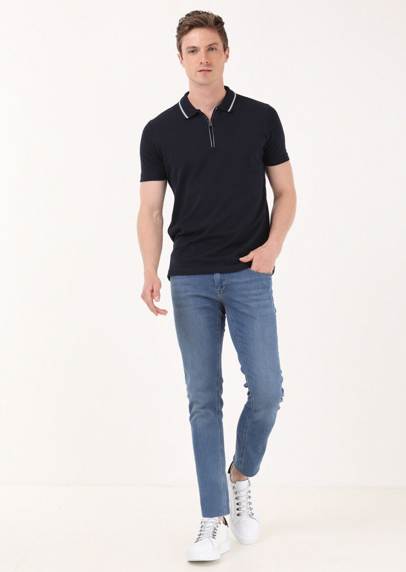 Lacivert Jakarlı Polo Yaka %100 Pamuk T-Shirt 
