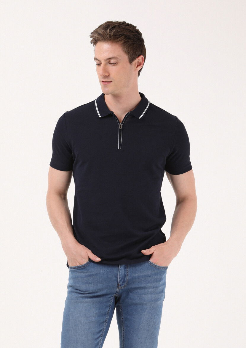 Lacivert Jakarlı Polo Yaka %100 Pamuk T-Shirt - 2