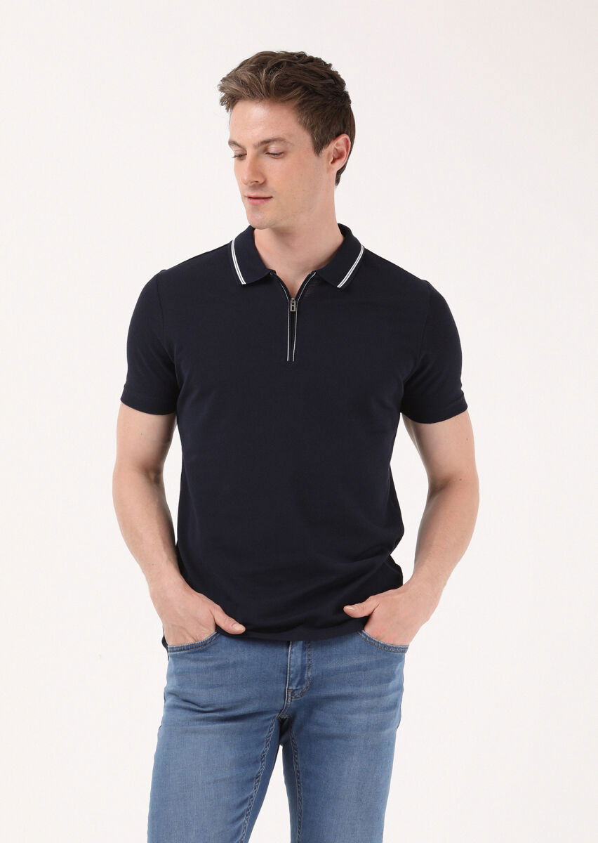 Lacivert Jakarlı Polo Yaka %100 Pamuk T-Shirt - 2