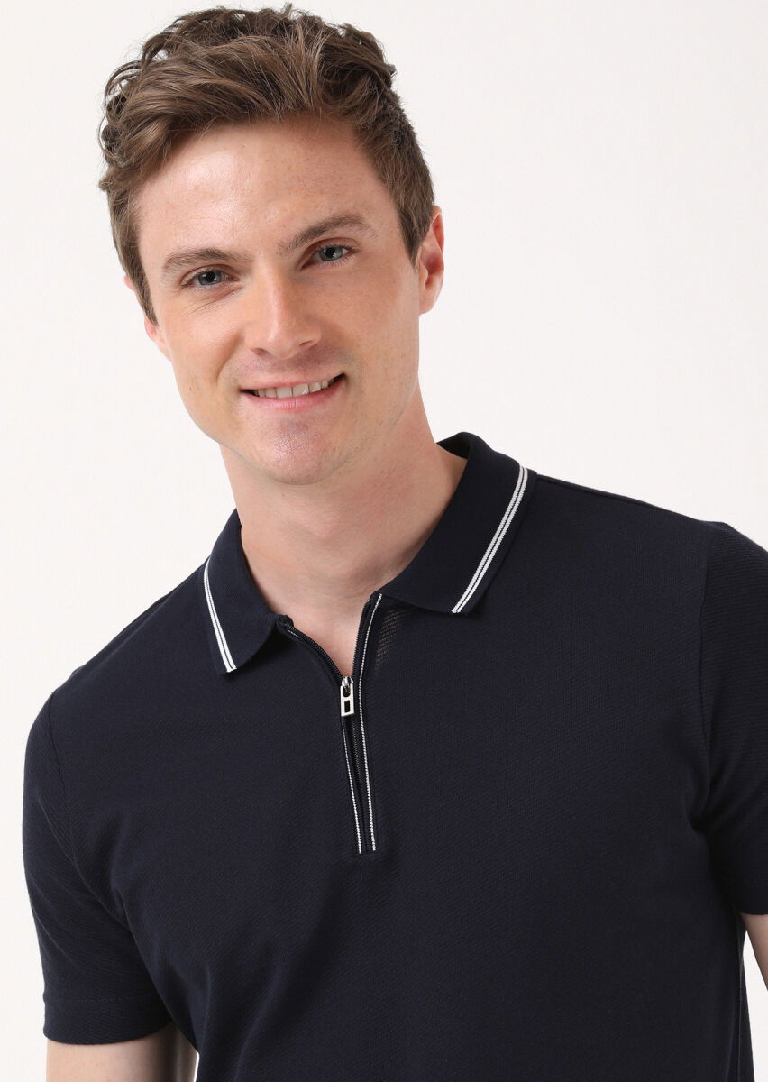Lacivert Jakarlı Polo Yaka %100 Pamuk T-Shirt - 3