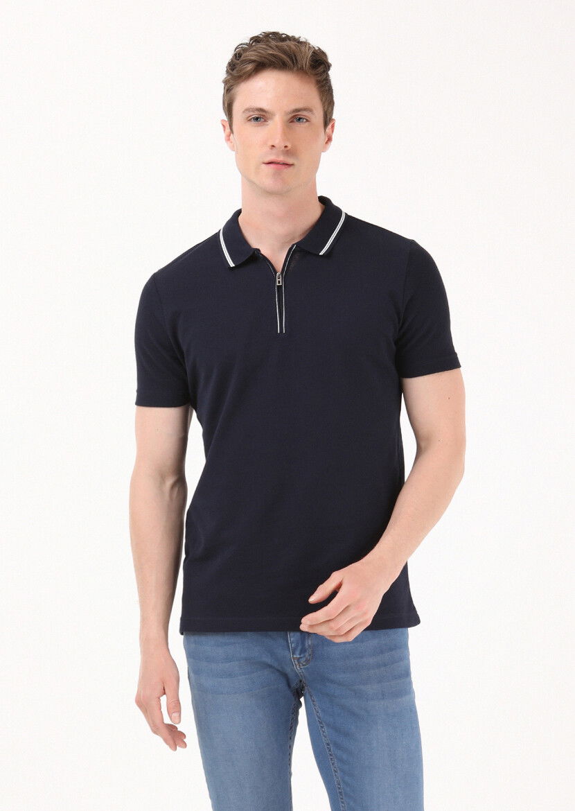 Lacivert Jakarlı Polo Yaka %100 Pamuk T-Shirt - 4