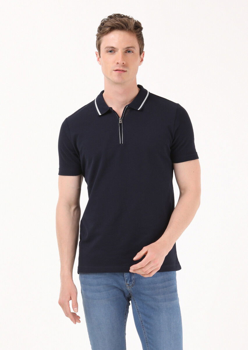 Lacivert Jakarlı Polo Yaka %100 Pamuk T-Shirt - 4