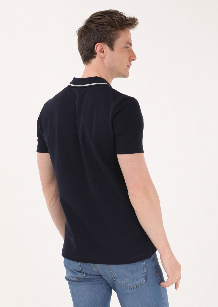 Lacivert Jakarlı Polo Yaka %100 Pamuk T-Shirt - 5