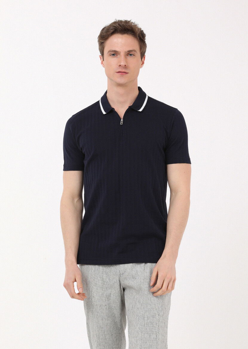 Lacivert Jakarlı Polo Yaka %100 Pamuk T-Shirt 