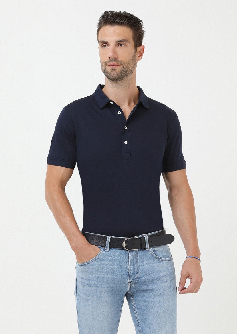 Lacivert Jakarlı Polo Yaka %100 Pamuk T-Shirt 