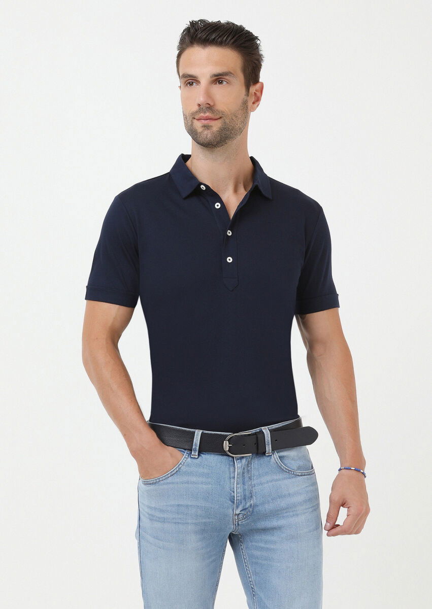 Lacivert Jakarlı Polo Yaka %100 Pamuk T-Shirt - 1