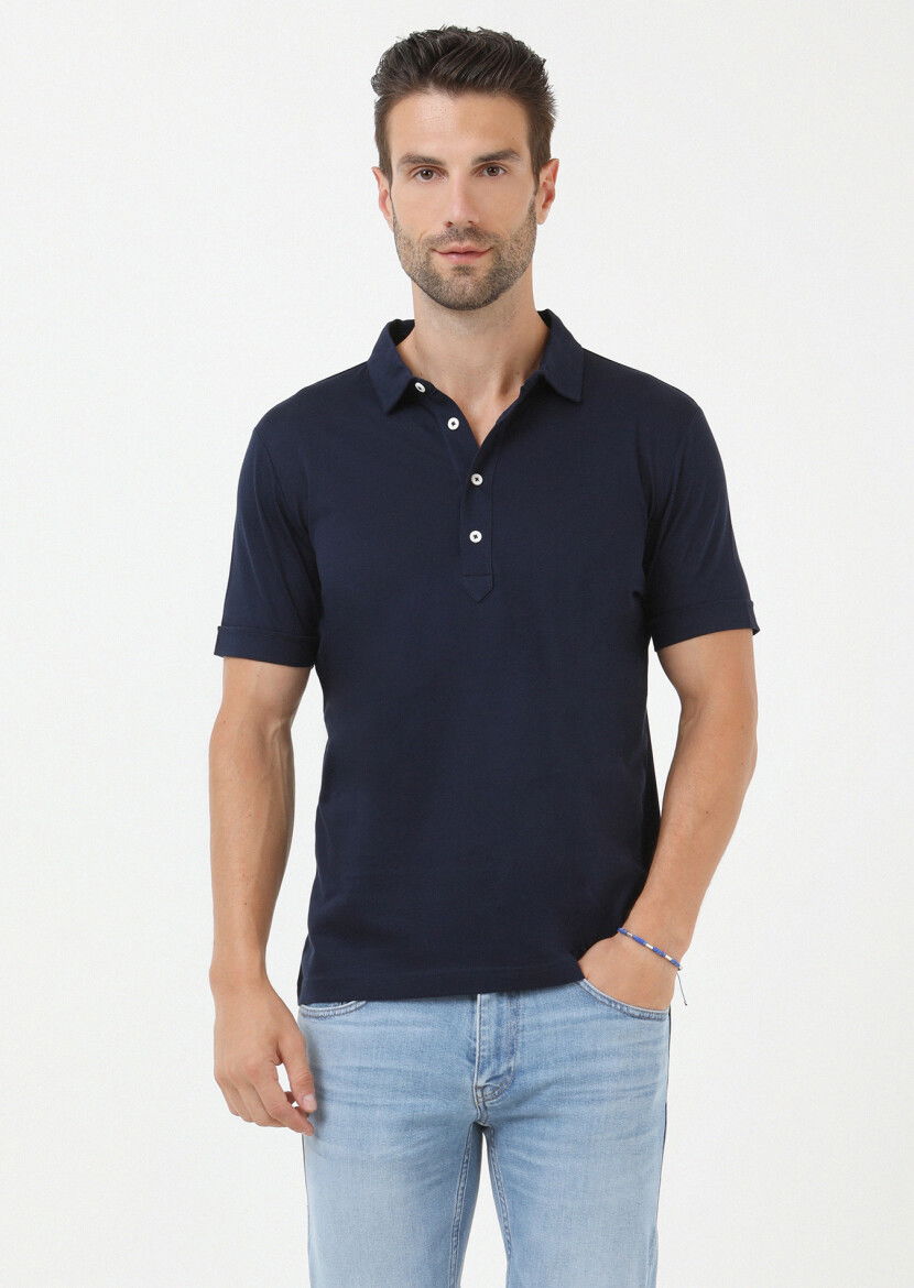 Lacivert Jakarlı Polo Yaka %100 Pamuk T-Shirt - 2
